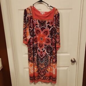 Sandra Darren Orange Pink Cowl Neck Dolman Sleeve Dress